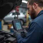 Mechanic Using OBD2 Scanner to Diagnose Fuel Pump