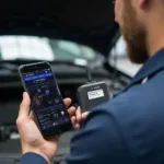 A mechanic using an OBD2 scanner and iPhone to diagnose a car