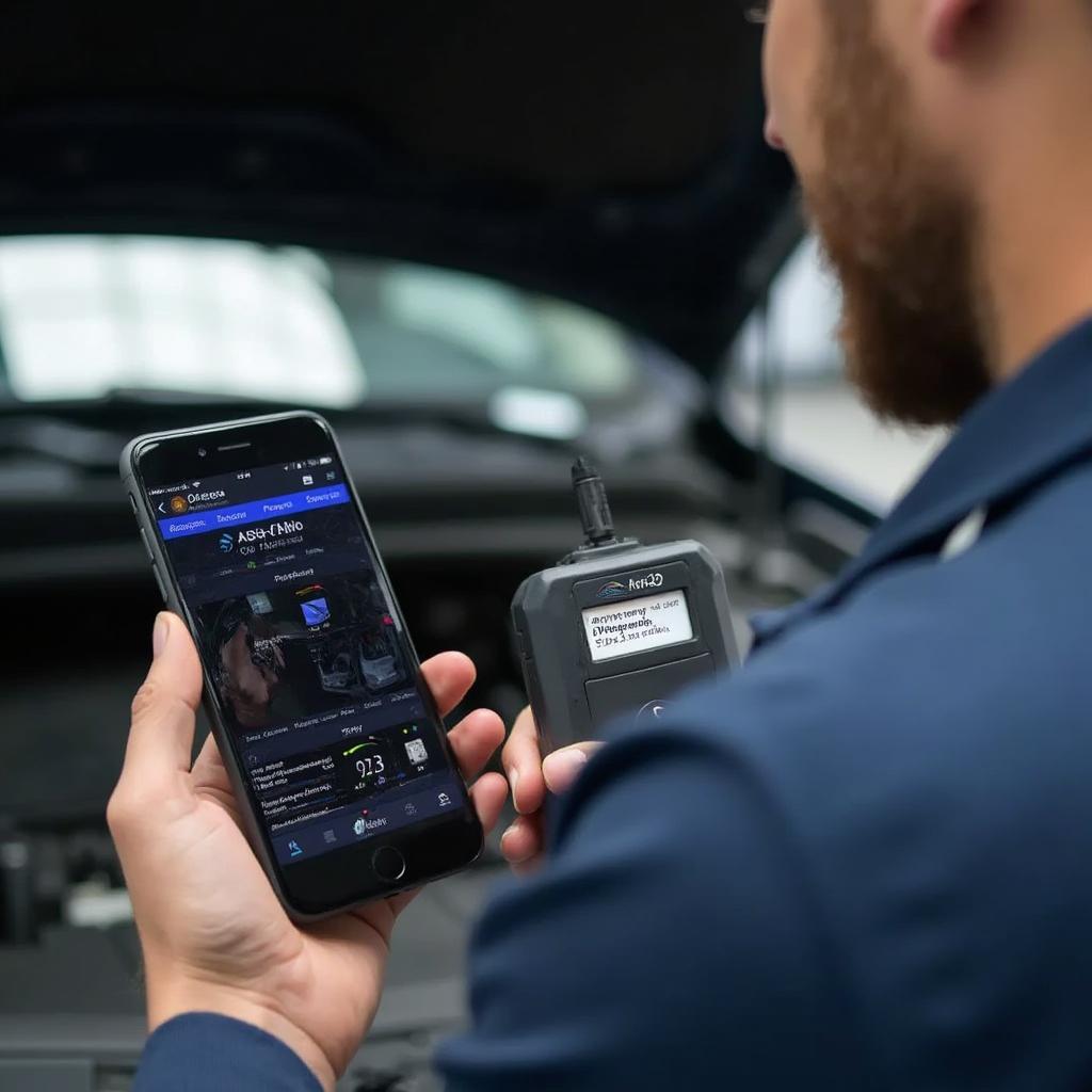 A mechanic using an OBD2 scanner and iPhone to diagnose a car