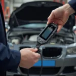 Mechanic Diagnosing a BMW with an OBD2 Scanner