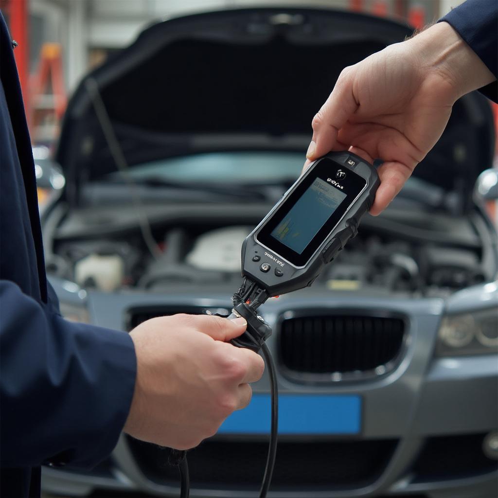 Mechanic Diagnosing a BMW with an OBD2 Scanner