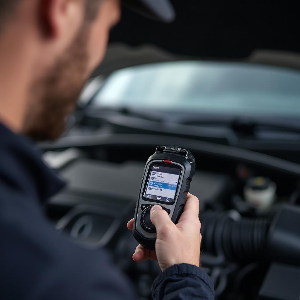 Mechanic Using OBD2 Scanner on a Car