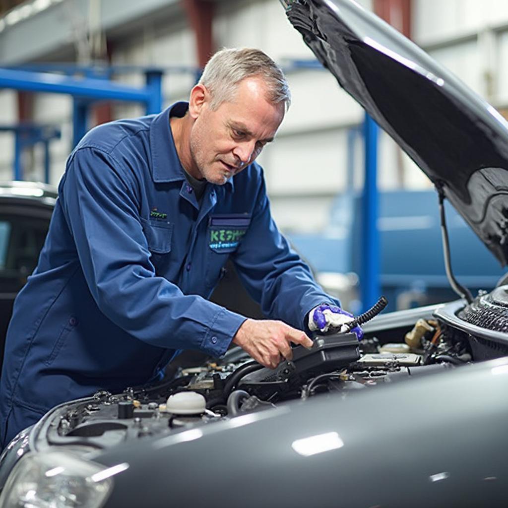 Mechanic Using OBD2 Scanner on a Car