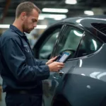 Mechanic Using OBD2 Scanner on EV