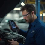 Mechanic Using OBD2 Scanner Safely