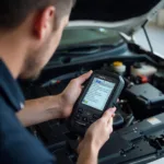 Mechanic diagnosing ABS issues using an OBD2 scanner