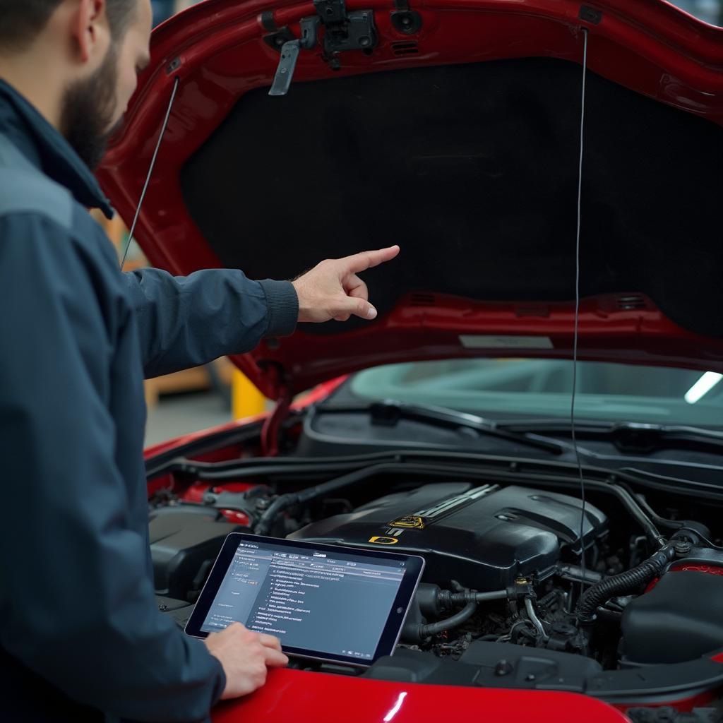 Mechanic Diagnosing a Camaro with OBD2 Screen