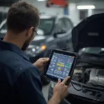 Mechanic Using OBD2 Software in Garage