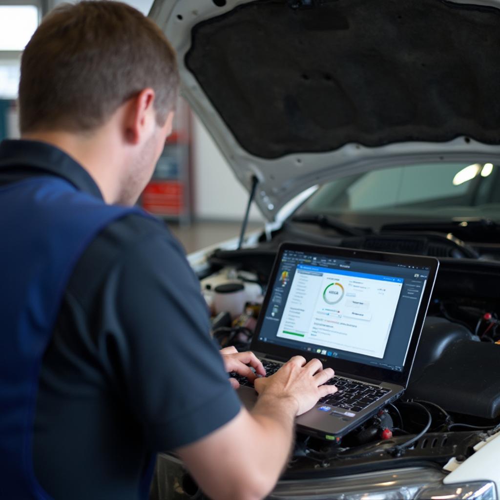 Mechanic Using Free OBD2 Software on Laptop