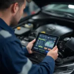 Mechanic Using OBD2 Software on Tablet