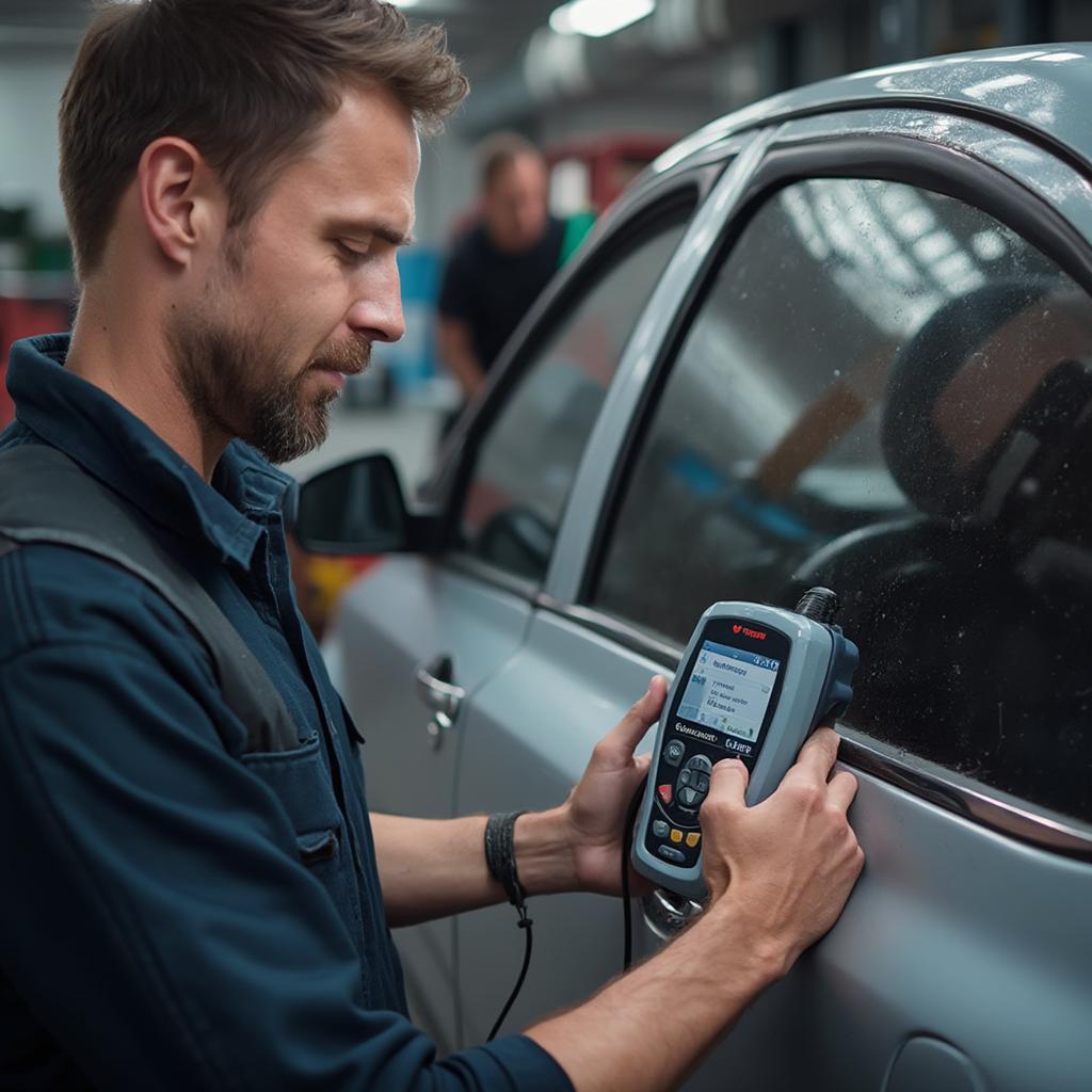 Mechanic Using Pocket OBD2 Scanner with TPMS