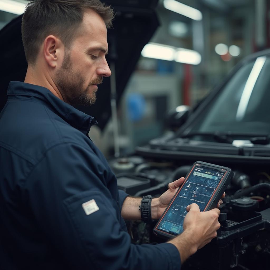 A mechanic utilizes a professional OBD2 scanner in a repair shop.