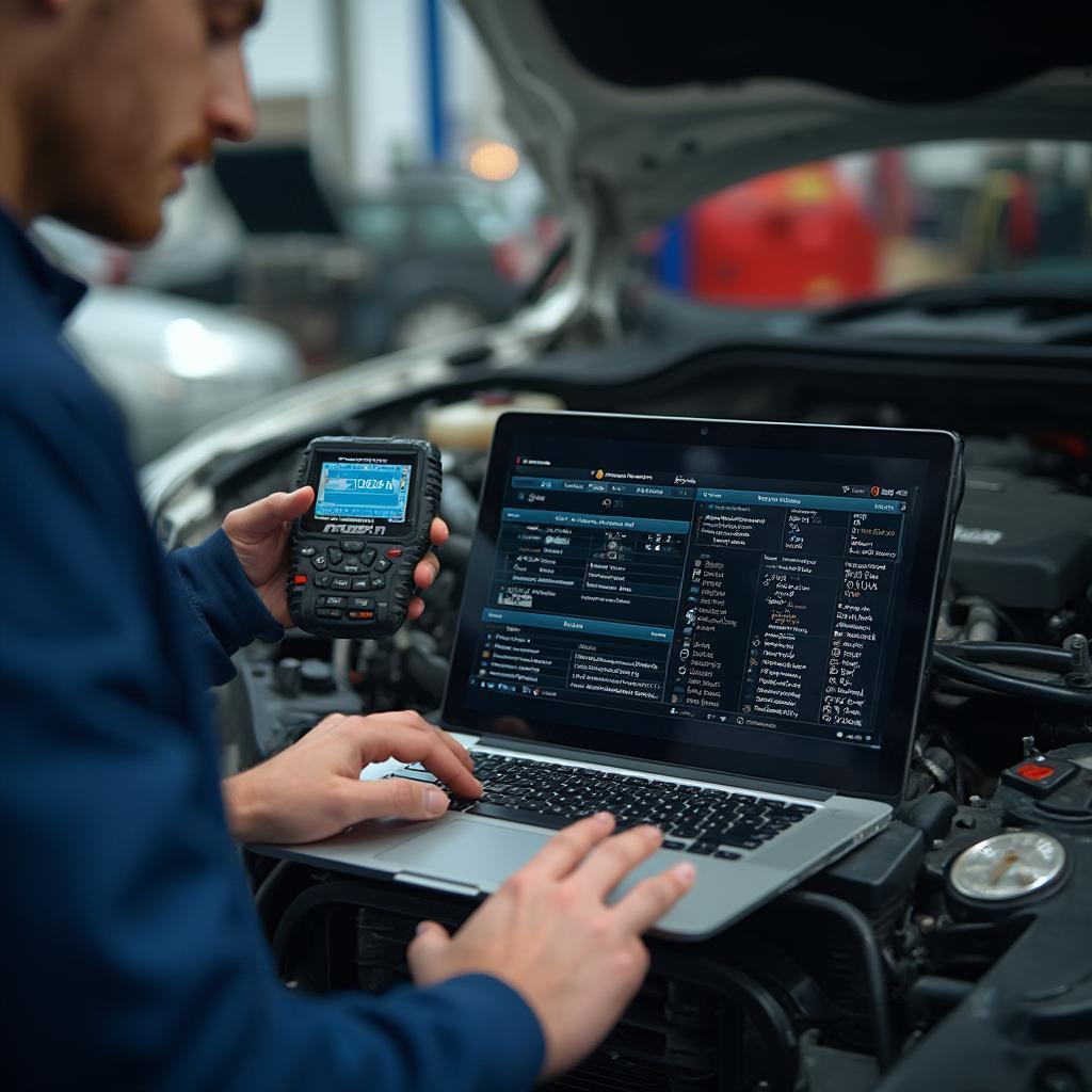 A mechanic using a professional OBD2 diagnostic tool in a UK workshop.