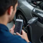 A mechanic uses a TouchScan OBD2 scanner to diagnose a car in a professional workshop setting.