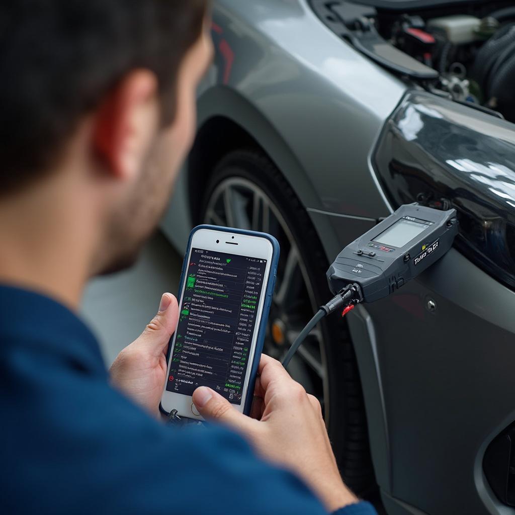 A mechanic uses a TouchScan OBD2 scanner to diagnose a car in a professional workshop setting.