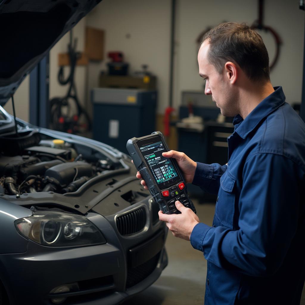 Mechanic Using a Trans OBD2 Code Reader in a Garage