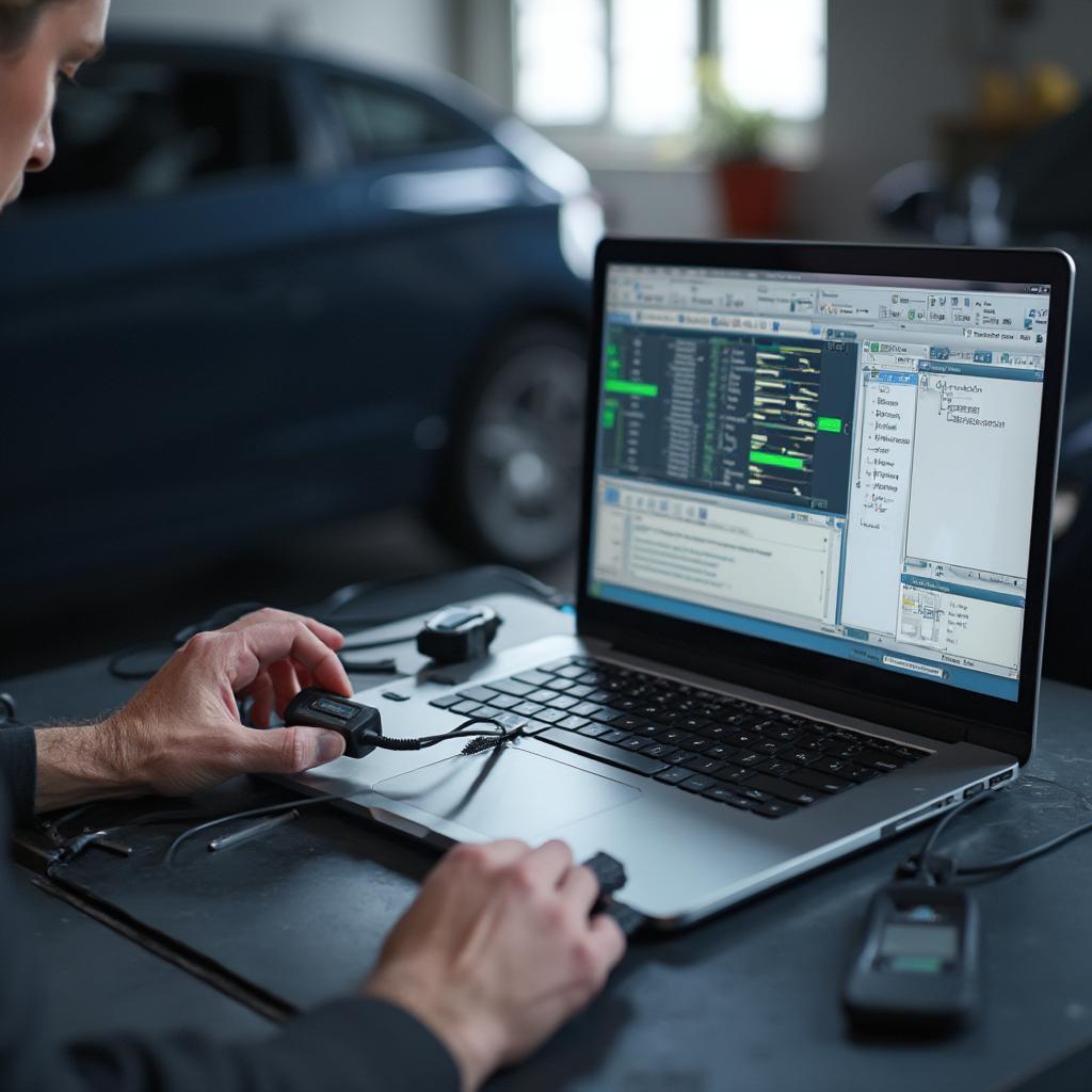 Mechanic using USB OBD2 Kabel with Laptop