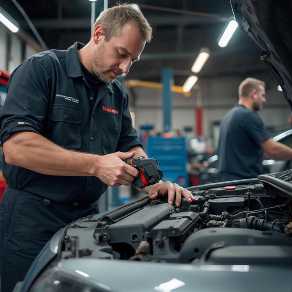 Mechanic Using Viecar OBD2 Bluetooth Adapter in a Workshop