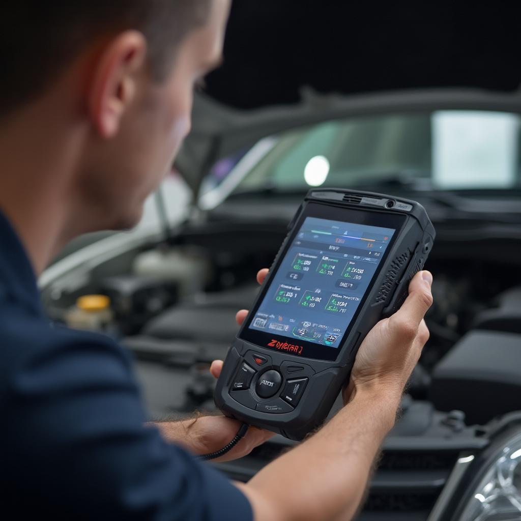 Mechanic using the Viecar VC300 to diagnose a car problem