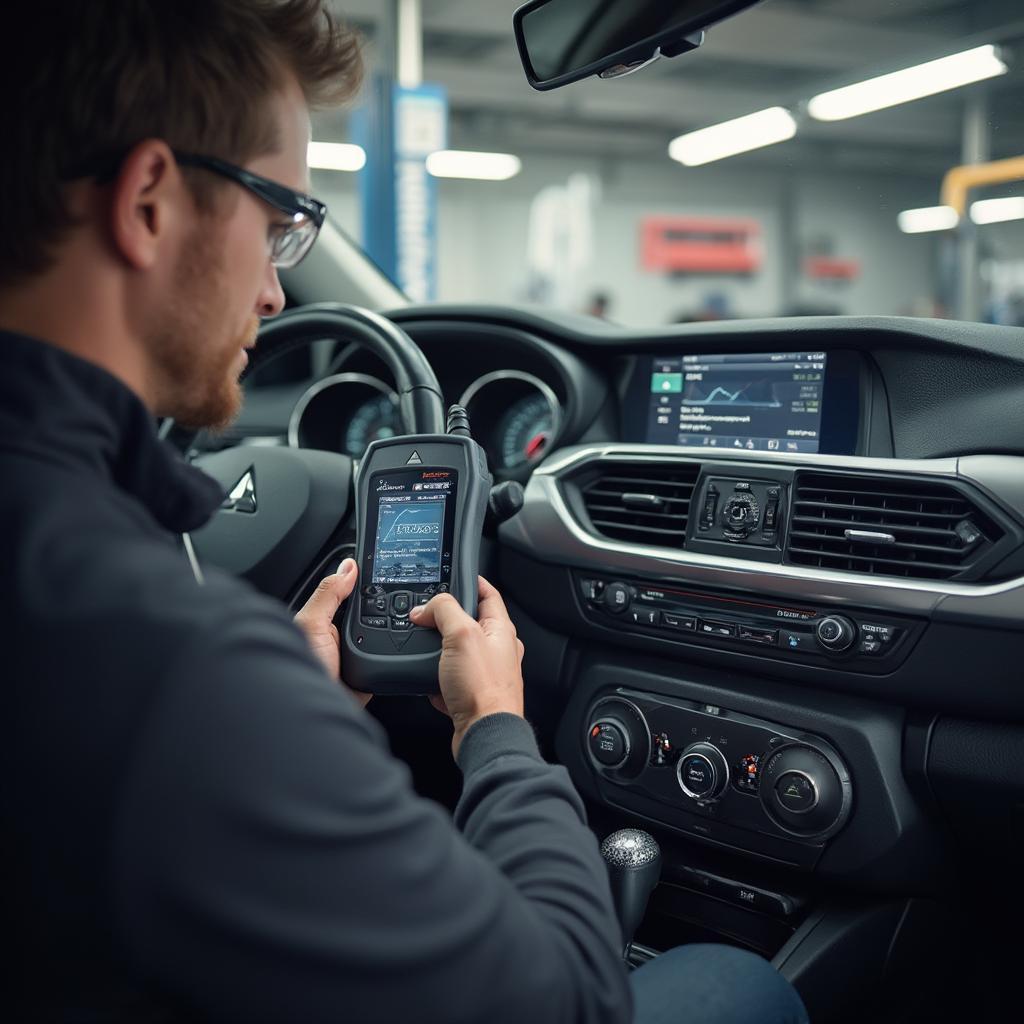 Technician using a professional OBD2 scanner on a Mitsubishi vehicle