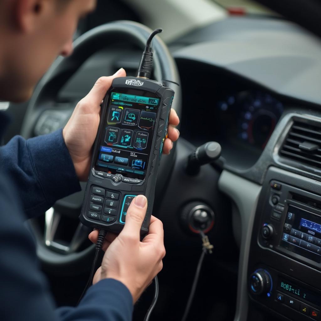 Mechanic using a Modis OBD2 Scanner on a vehicle