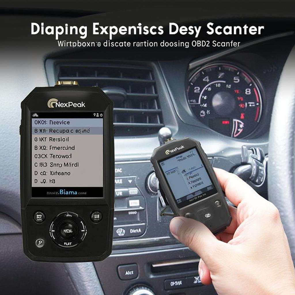 Nexpeak NX501 OBD2 scanner plugged into a car's OBD2 port, displaying diagnostic information on its screen.