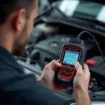 A mechanic diagnosing a car problem with a Nitro OBD2 scanner.