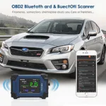 OBD2 Bluetooth scanner plugged into a Subaru dashboard, displaying diagnostic information on a connected smartphone.