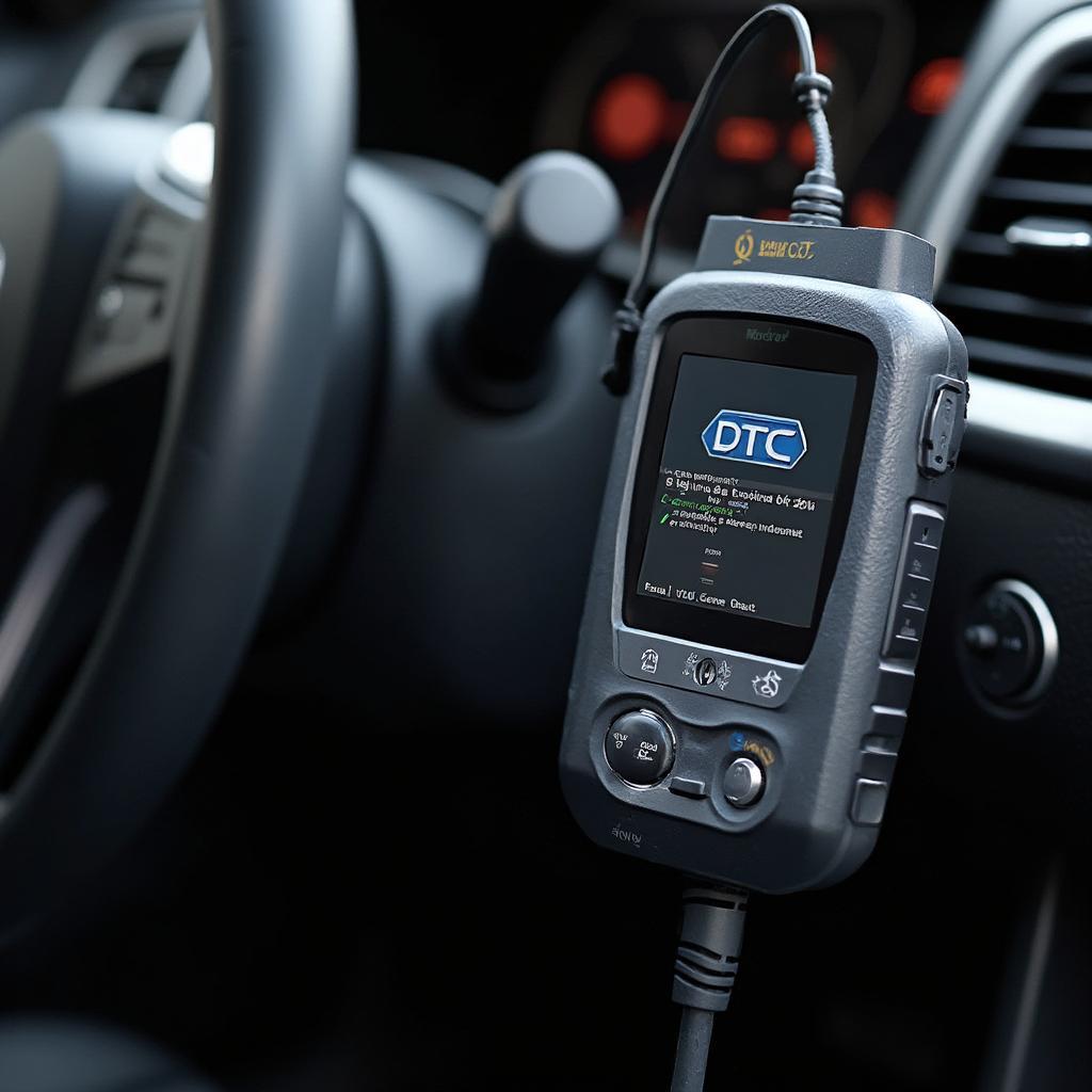 OBD2 car reader plugged into a car's OBD2 port, displaying diagnostic trouble codes on a screen.