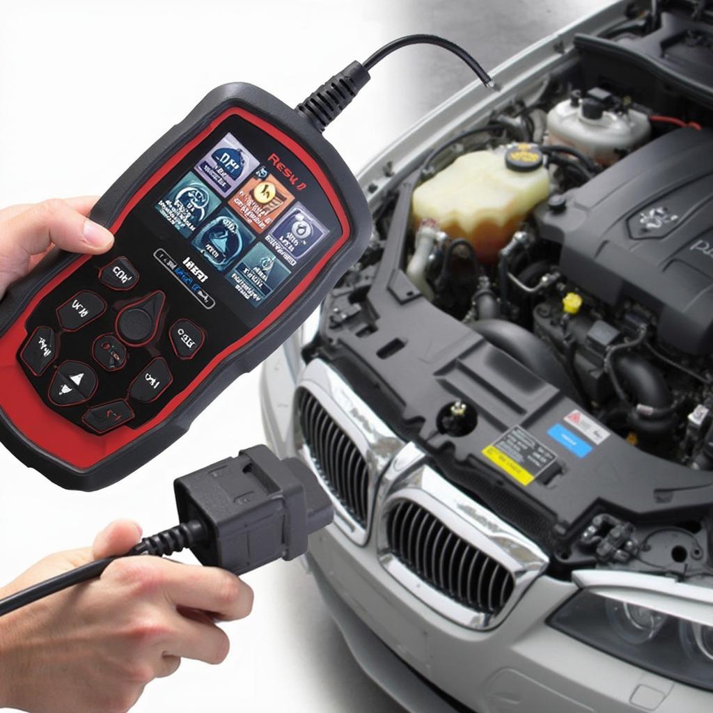 A mechanic using an OBD2 kit to diagnose a car's engine, with the display showing real-time data.