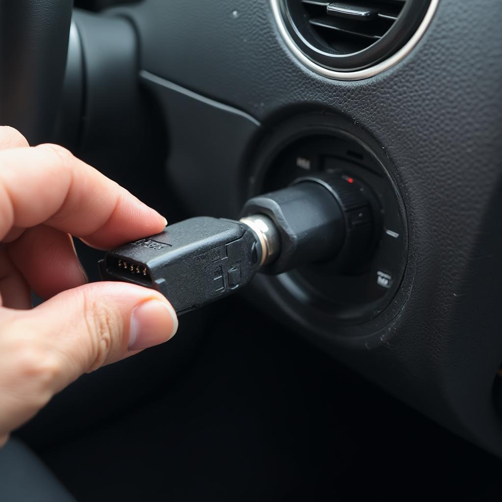 OBD2 male connector plugged into a female port on a car's dashboard.