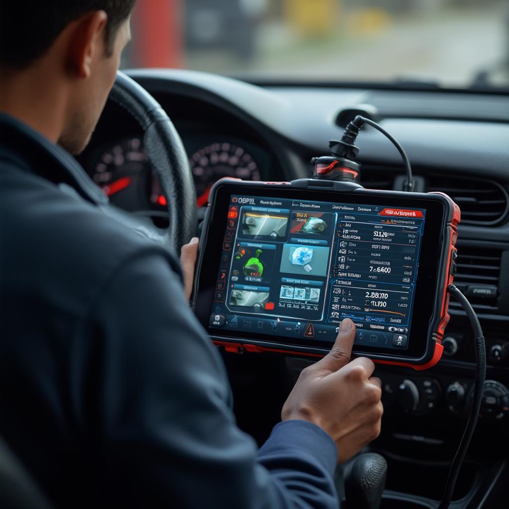 OBD2 multimarque scanner plugged into a car's OBD2 port, displaying diagnostic information on its screen.