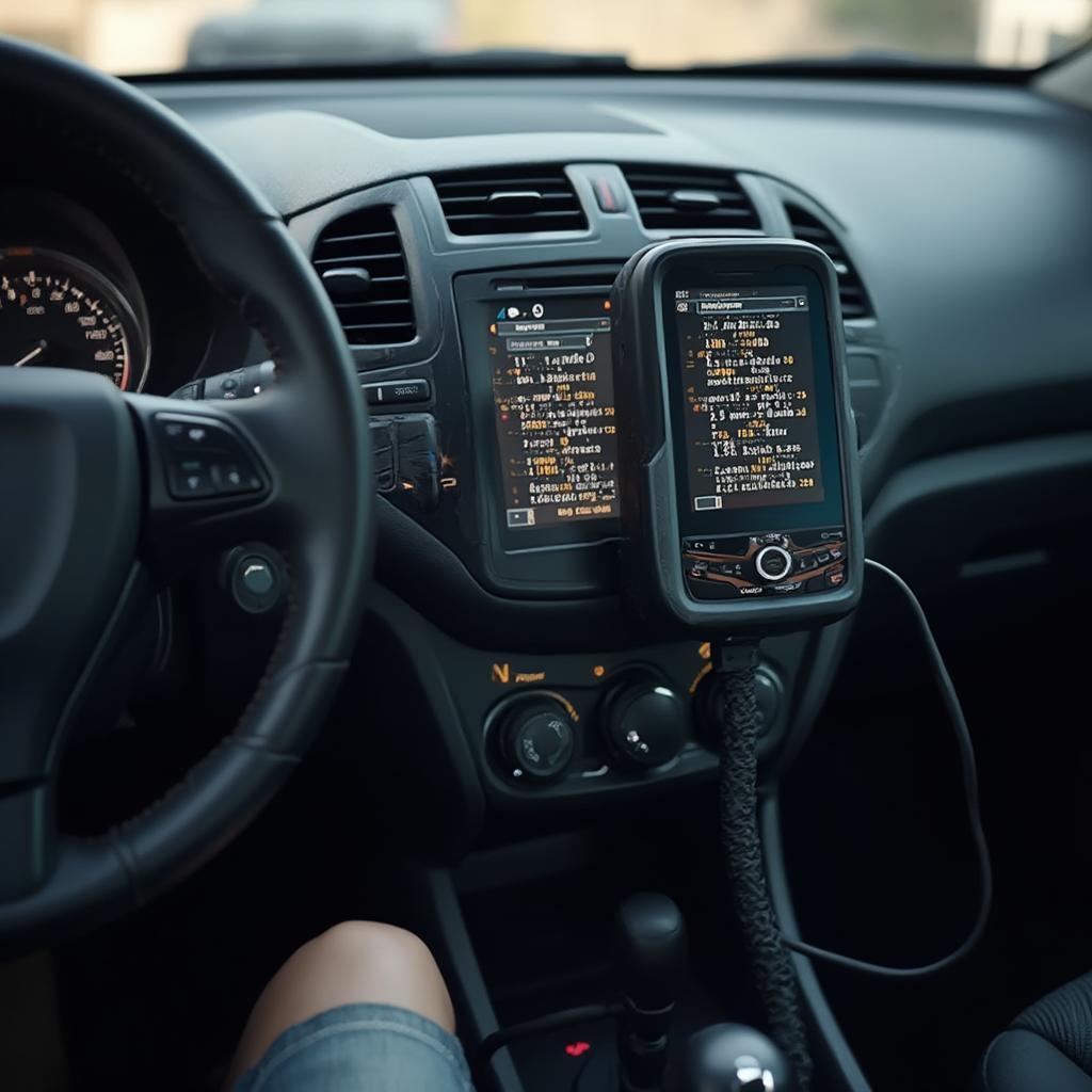 OBD2 scanner plugged into a car's diagnostic port