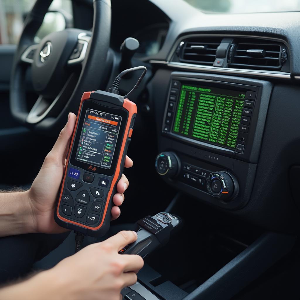 OBD2 scanner plugged into a car's OBD2 port, displaying diagnostic information on its screen.