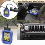 An OBD2 scanner plugged into the OBD2 port of a Jeep Patriot.