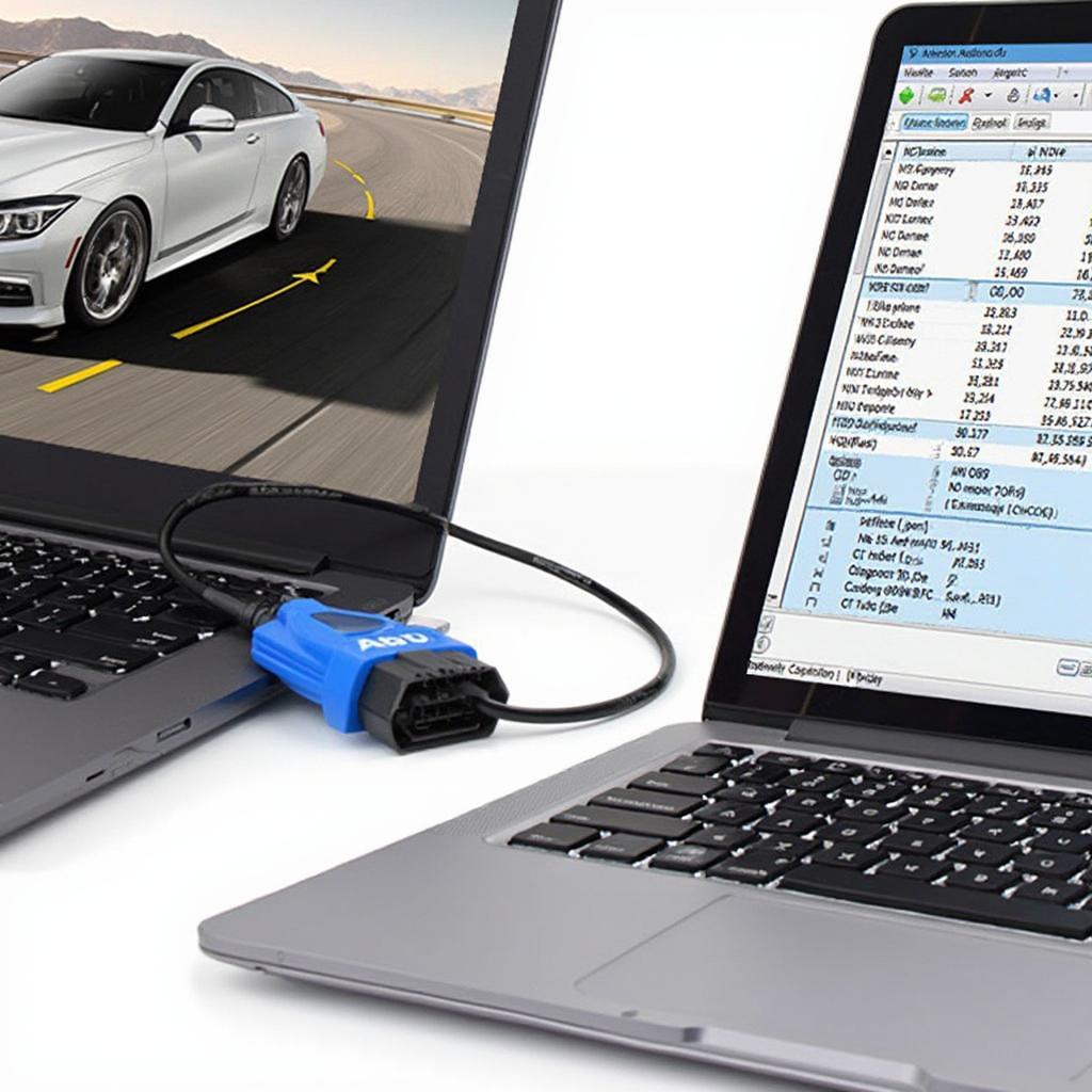 OBD2 scanner connected to a laptop via USB cable