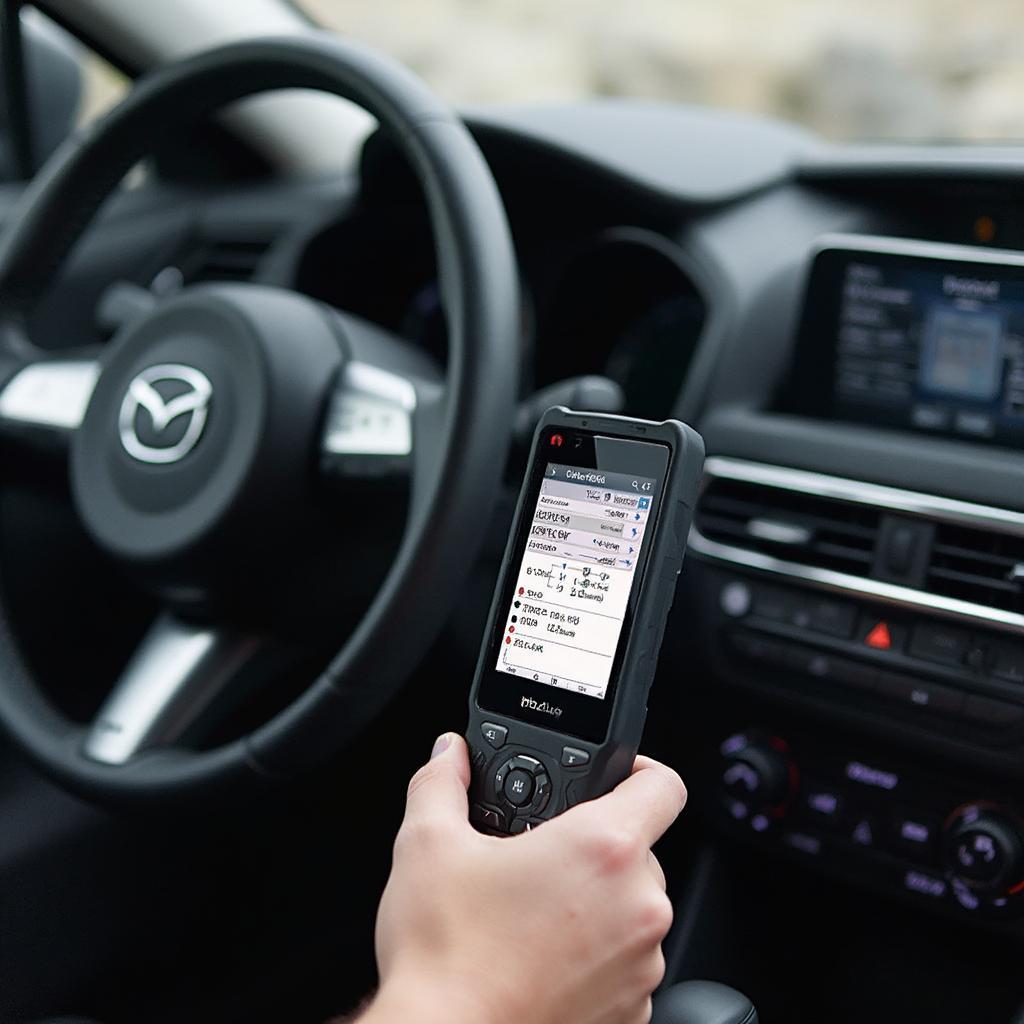 OBD2 scanner plugged into a Mazda 3's diagnostic port.