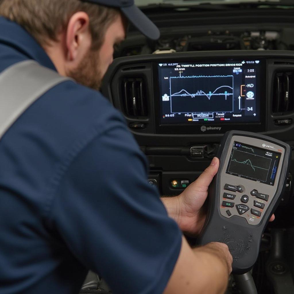 A mechanic using an OBD2 scanner to diagnose throttle position sensor problems.