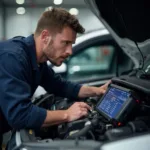 Professional mechanic using an OBD2 scanner with ECU programming capabilities to diagnose a car engine issue.