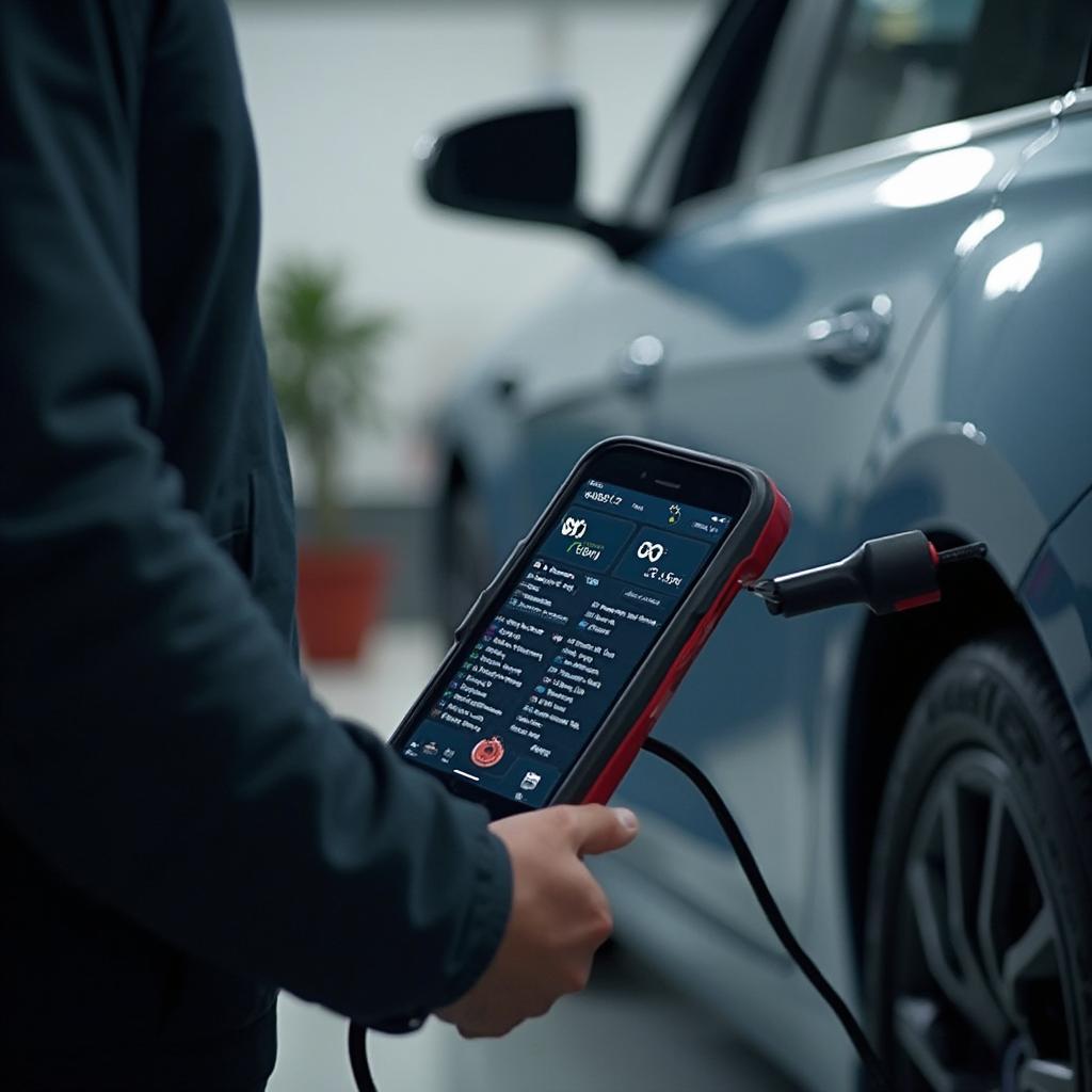 OBD2 scanner plugged into an electric vehicle for diagnostics