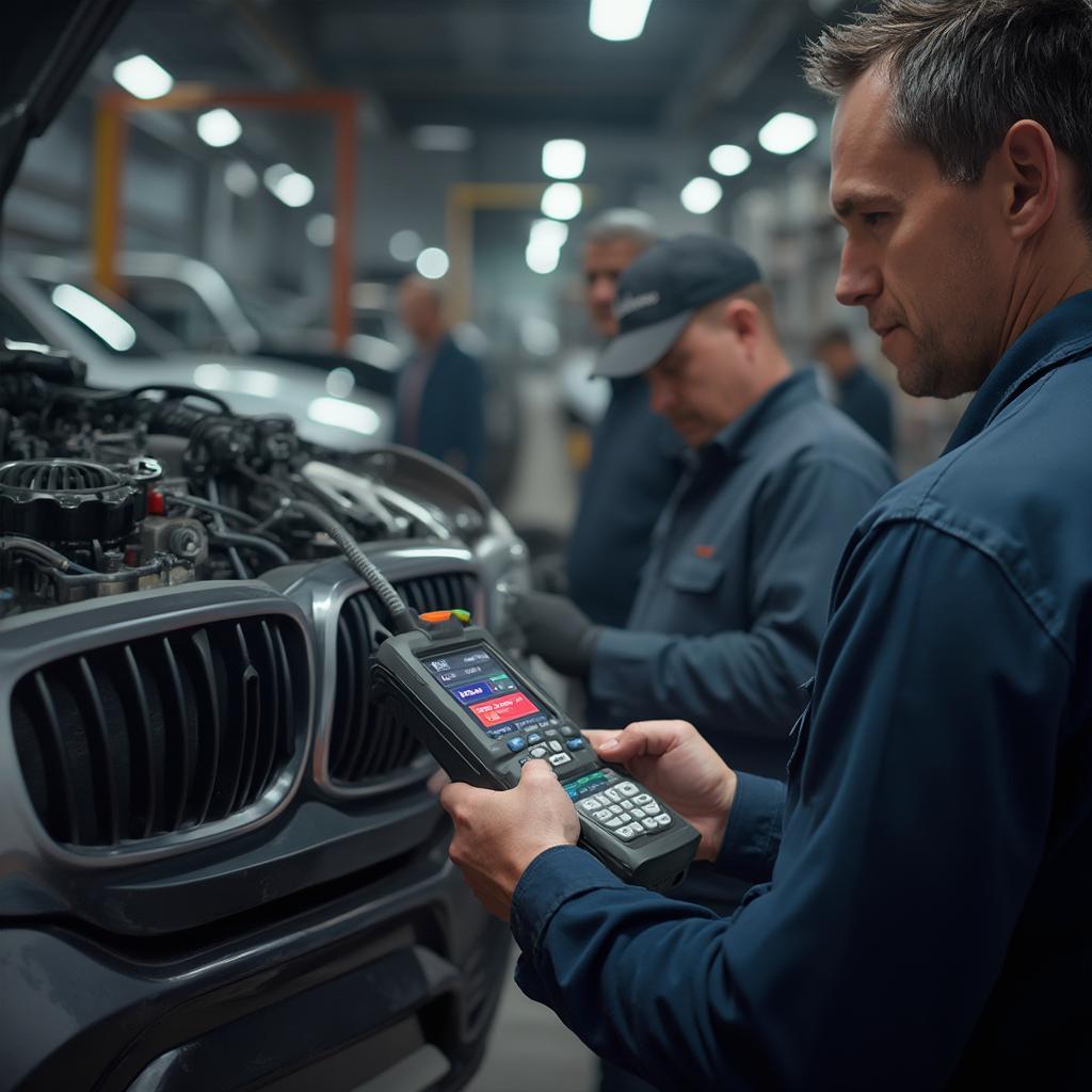 Mechanic using an OBD2 scanner in a Pretoria workshop