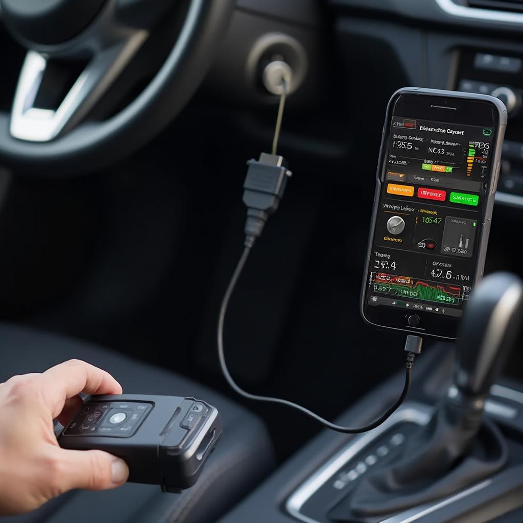 OBD2 scanner plugged into a car's diagnostic port and connected to an iPhone via Bluetooth.