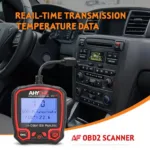 OBD2 scanner displaying transmission temperature reading on its screen