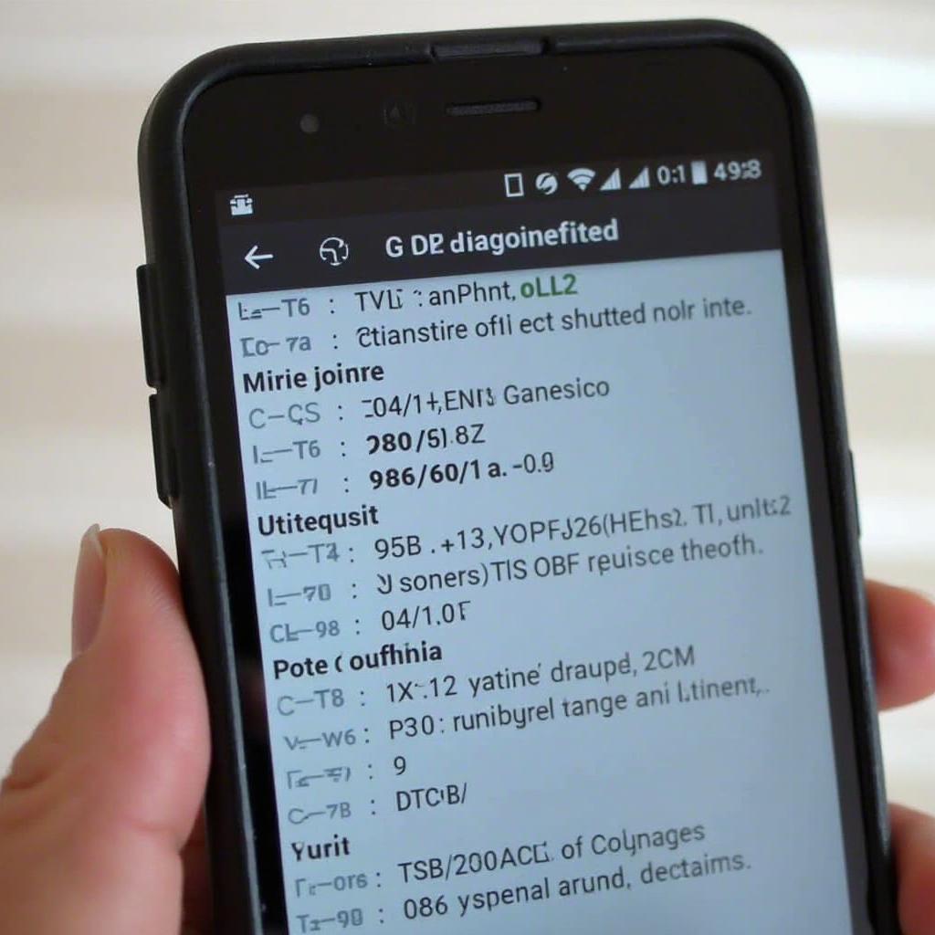 OBD2 software on an Android phone displaying diagnostic trouble codes