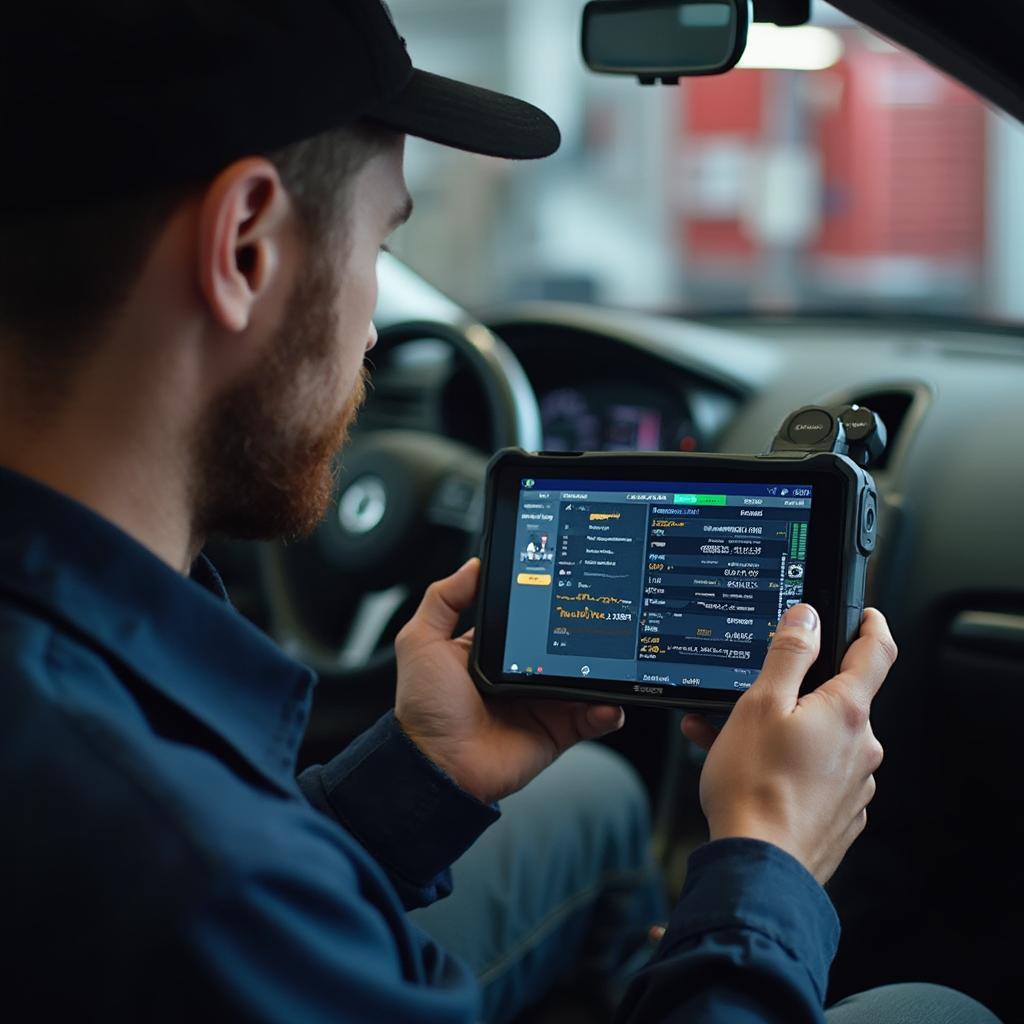 Mechanic using an OBD2 tablet scanner to diagnose a car problem