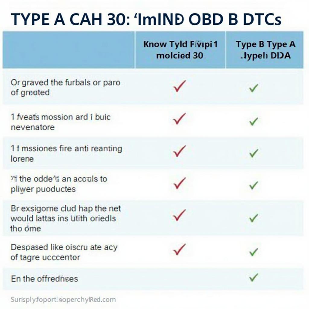 OBD2 Type A and B DTC Comparison Table