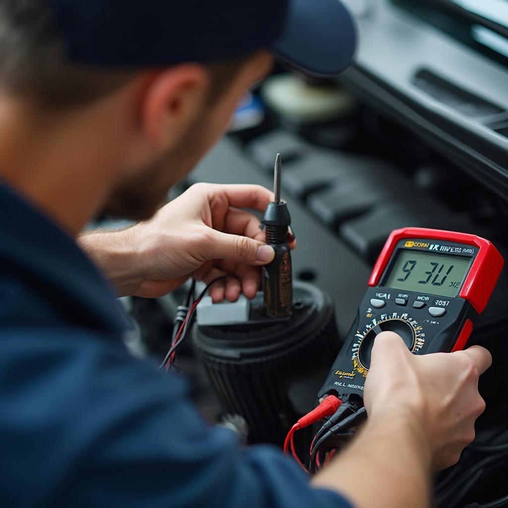 Technician Testing Car Battery Voltage with a Multimeter