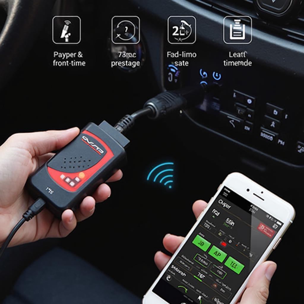 P3 V3 OBD2 scanner plugged into a car's OBD2 port, displaying real-time data on a connected device.