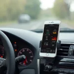 Smartphone connected to a car's OBD2 port using an adapter, displaying real-time engine data.