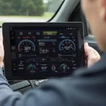 PLX Kiwi WiFi OBD2 app interface displayed on a tablet, showing various gauges and data readings